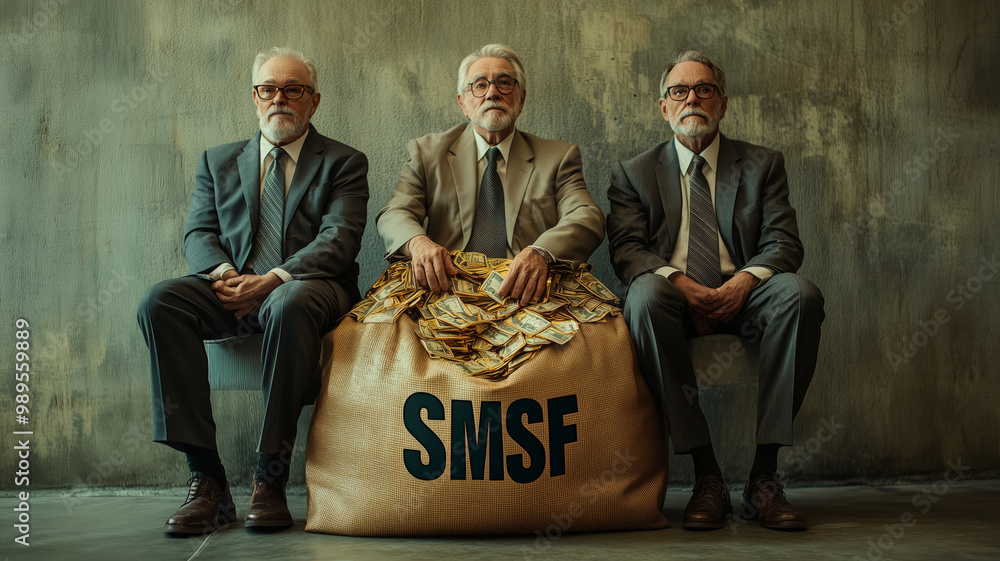 Three distinguished older gentlemen clad in elegant suits gathered with a golden bag symbolizing savings in a modern lounge